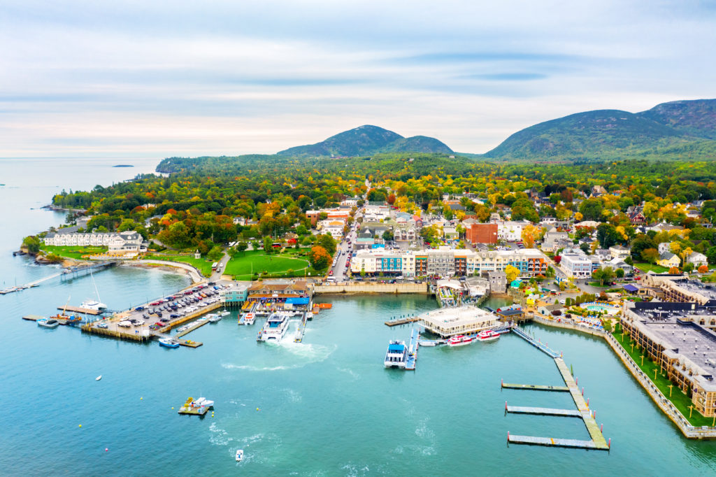 Aerial view of Bar Harbor, Maine and the surrounding water during fall