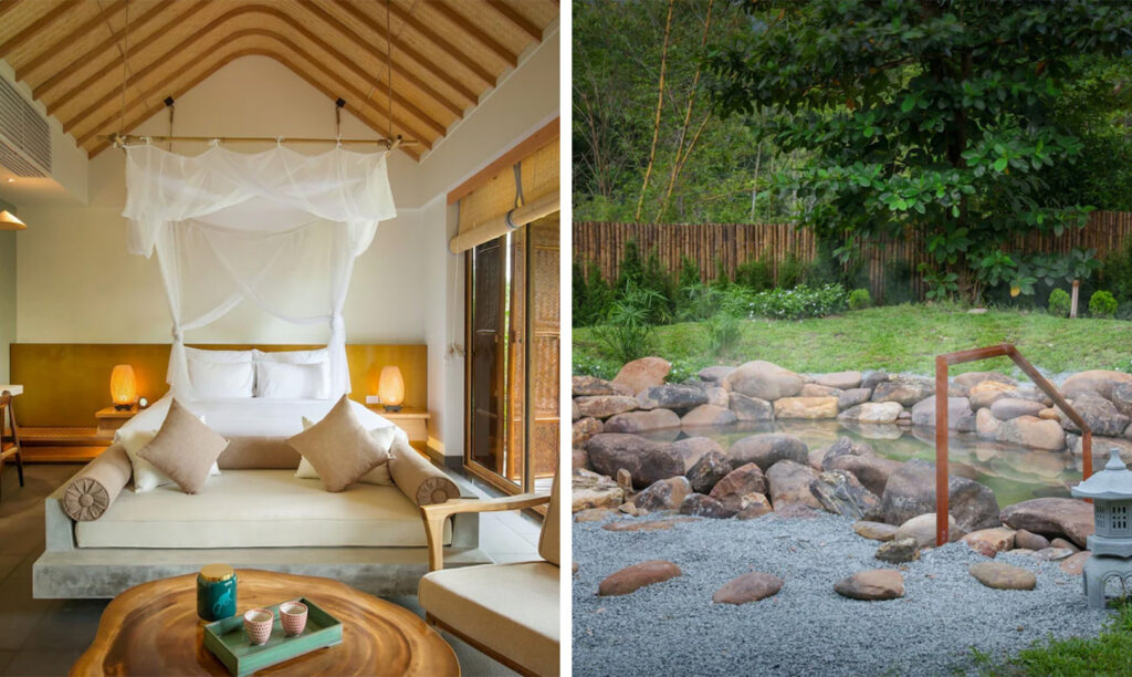 Guestroom at Alba Wellness Resort in Vietname (left) and hot spring pool (right)