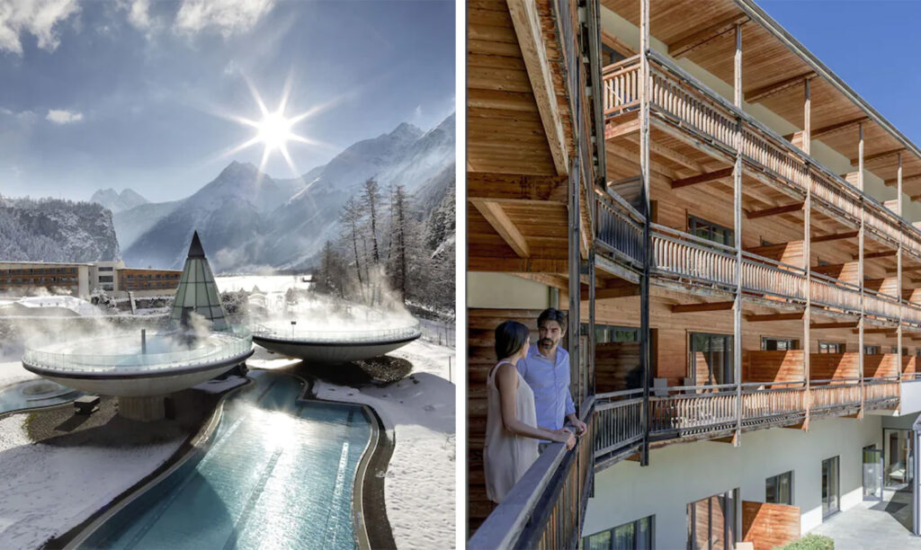The elevated mineral hot springs at Aqua Dome in Austria (left) and a couple enjoying the hotel balcony at Aqua Dome (right)