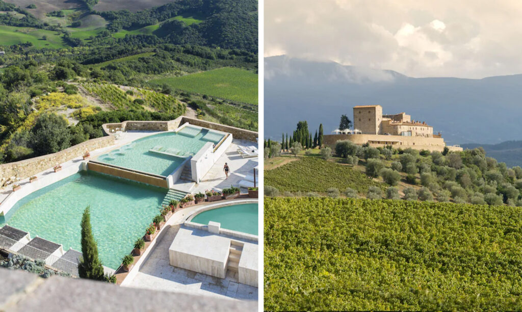 Outdoor mineral pools (left) and large castle-like estate (right) at Castello Di Velona Resort, Thermal Spa & Winery in Tuscany, Italy