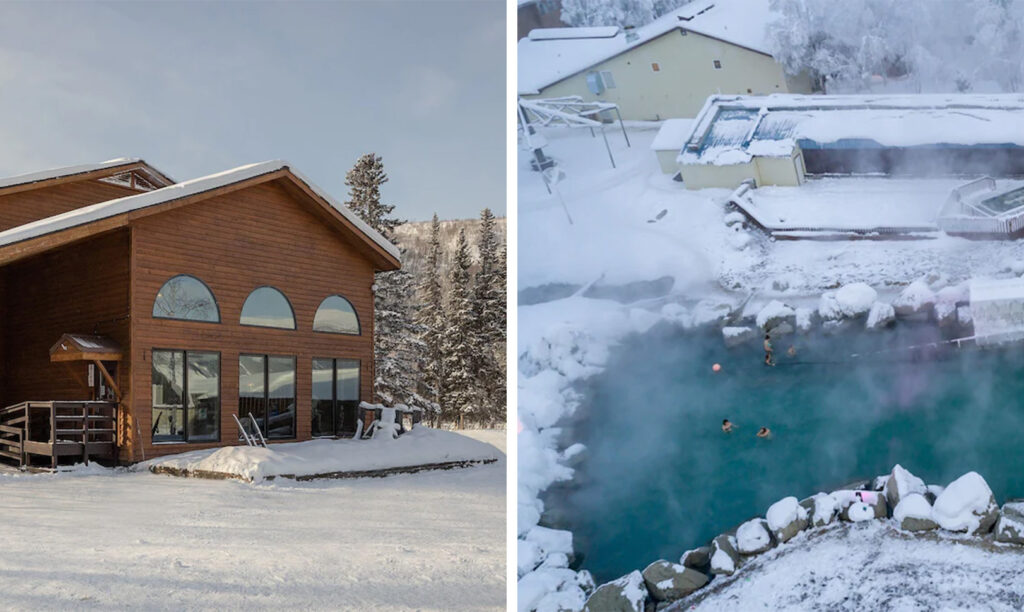Exterior of main lodge (left) and aerial view of the heated mineral hot springs (right) at Chena Hot Springs Resort