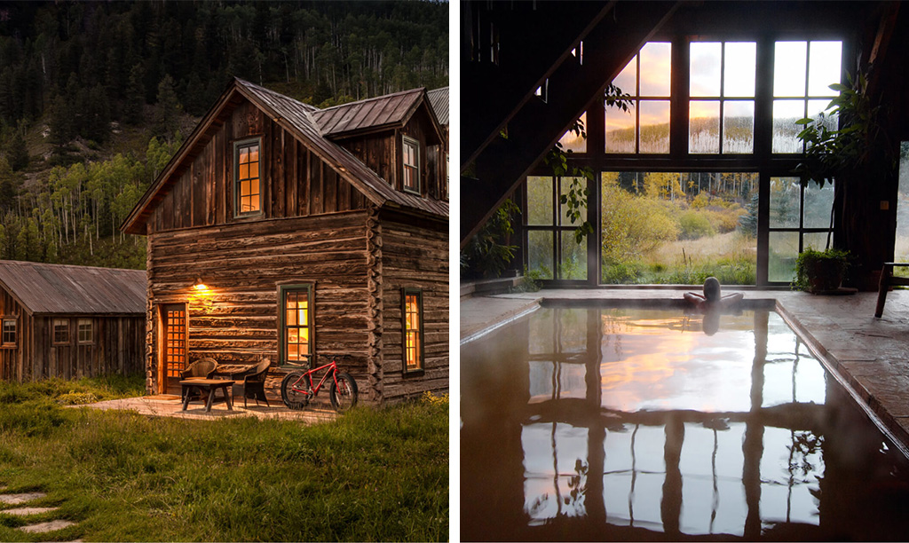 Exterior of rustic wooden cabin (left) and interior hot springs bath house (right) at Dunton Hot Springs in Colorado, USA