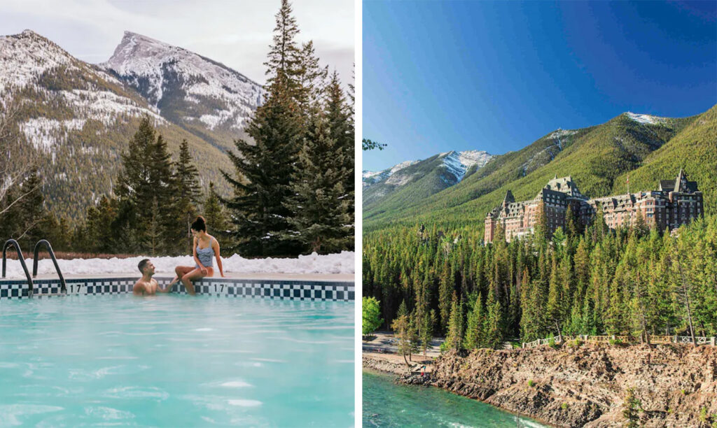 Guests enjoying the outdoor pool surrounded by mountains (left) and view of hotel property surrounded by trees (right) atFairmont Banff Springs Hotel in Alberta, Canada