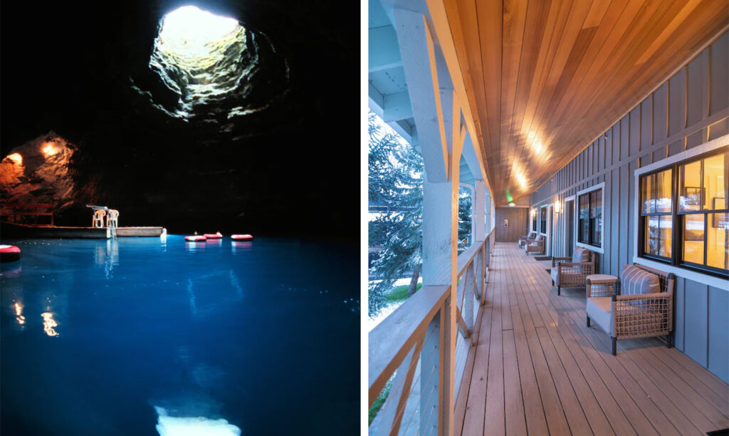 Mineral hot spring enclosed in limestone cave (left) and exterior porch (right) at Homestead Resort in Utah, USA