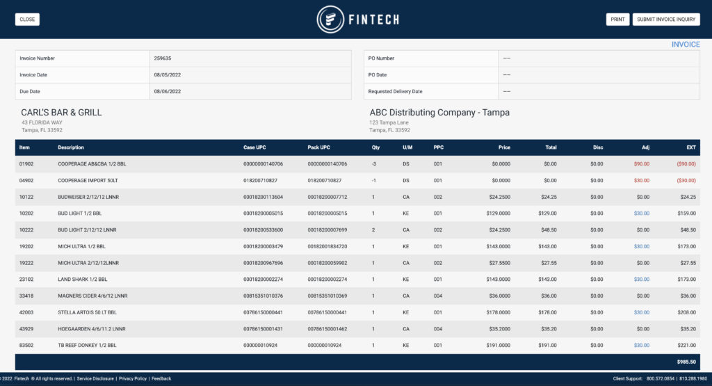 Alcohol invoice data reporting