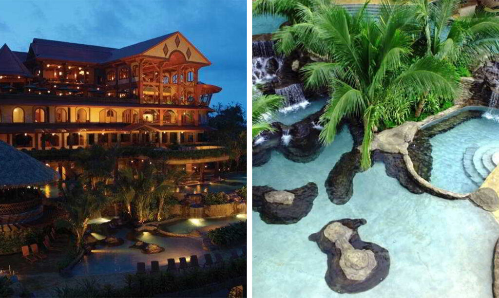 Exterior of The Springs Resort & Spa in Costa Rica at night (left) and aerial view of the on-site hot springs (right)