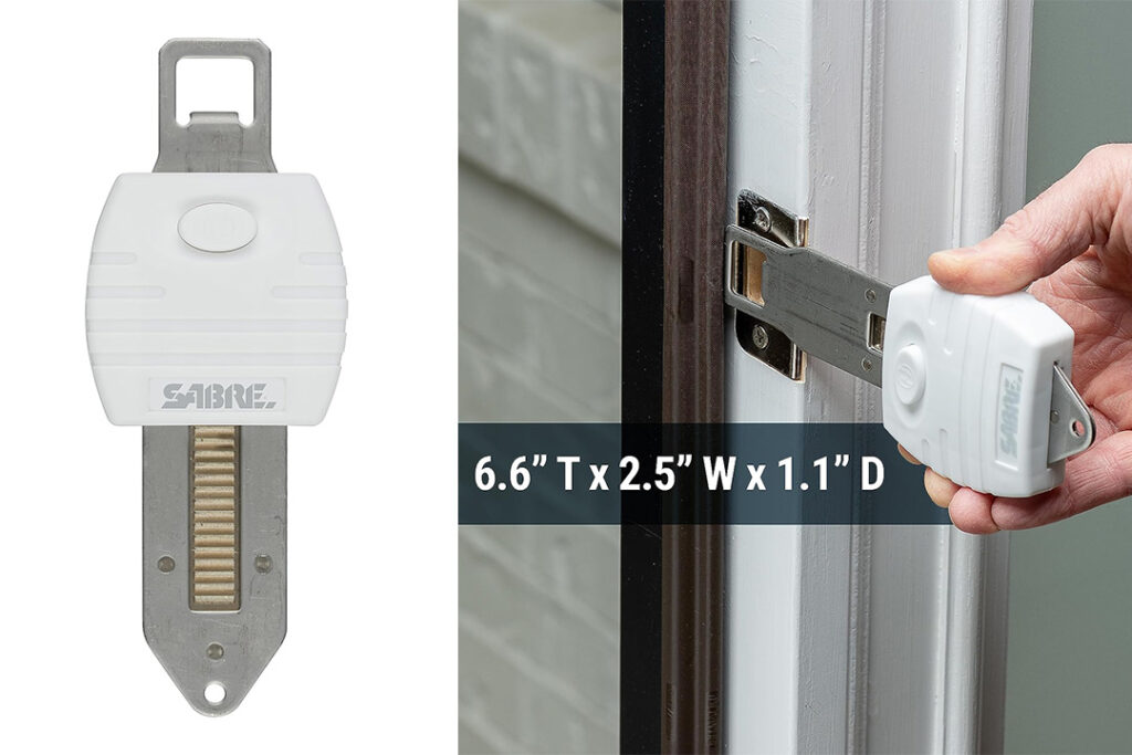 Sabre Portable Door Lock (left) and a demonstration of how to insert the lock into a door (right)