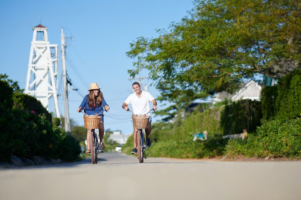 People riding bikes that they rented from White Elephant Nantucket